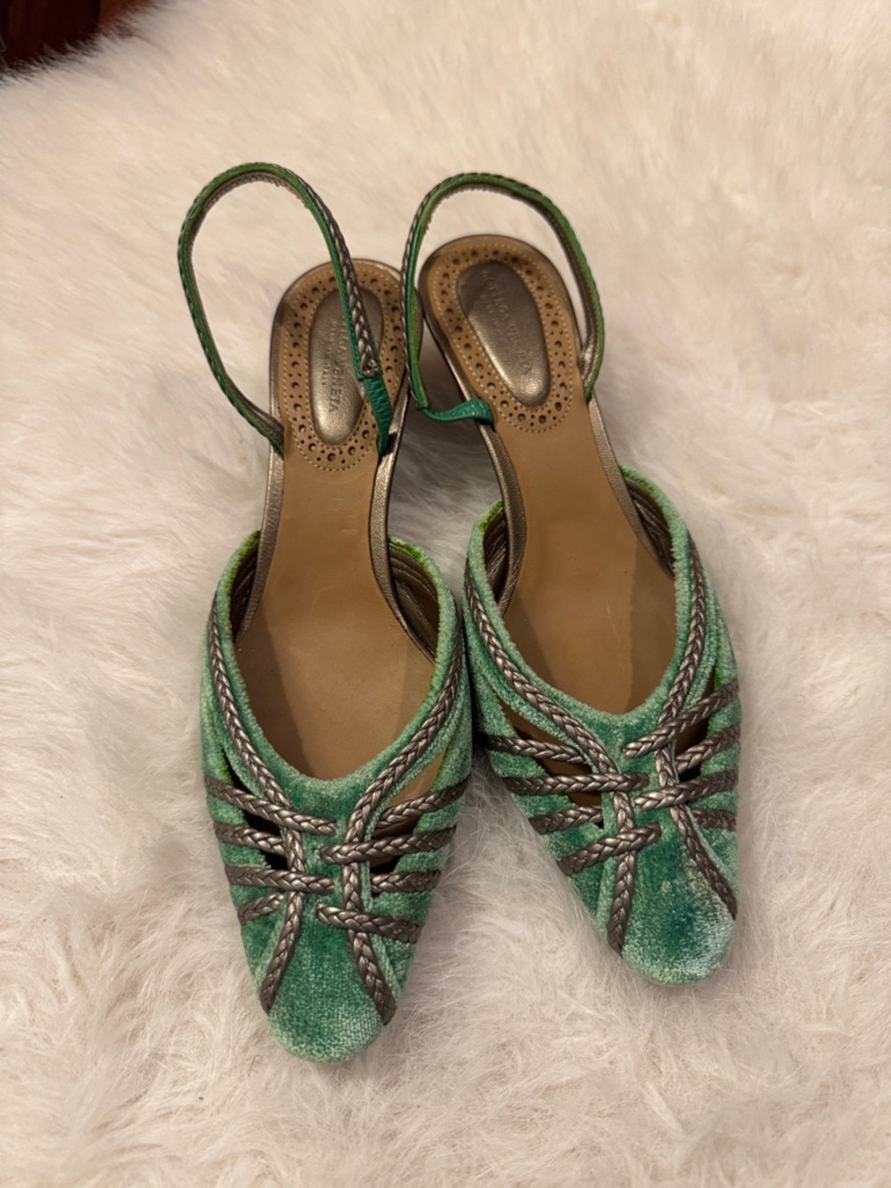 Bottega Veneta Green Braided Slingback Velvet/ Velour Mules Size EU36 pre-owned.